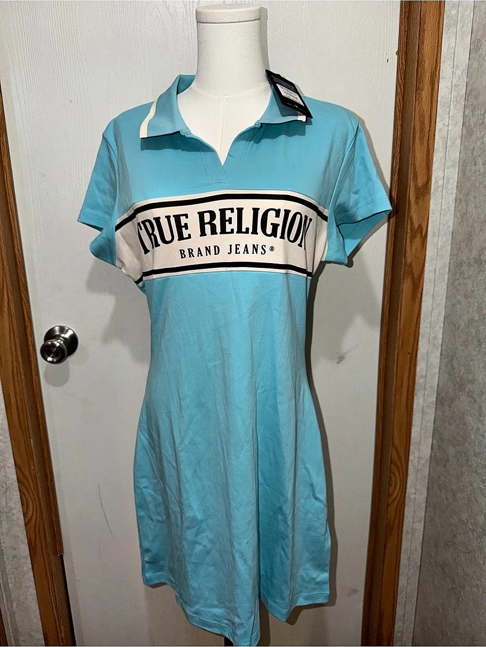 True Religion TR Polo Notched Dress Blue & White Size Large NWT